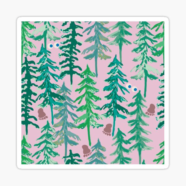 Where's Sasquatch? Designer Print Pink Green Fir Pine Trees Yeti Big Foot Sticker