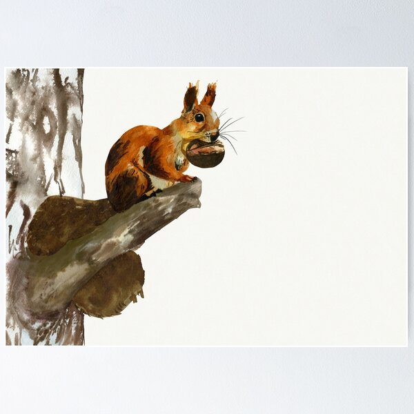 Item preview, Cute squirrel in a tree eating a walnut nut - Watercolor painting - Wildlife artist designed and sold by Blue-element.