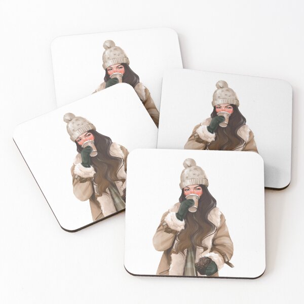 Item preview,  A girl in a hat and a sheepskin coat drinks coffee and eats a chocolate muffin with multicolored sprinkles designed and sold by MOSSSART.