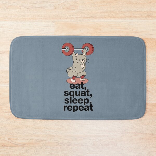 Item preview, Olympic lifting cat with barbell and weights and crossfit saying "eat, squat, sleep, repeat" designed and sold by TrueType.