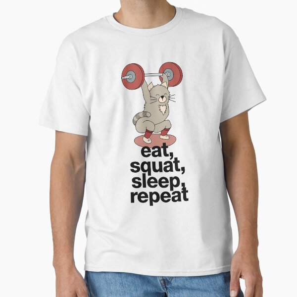 Item preview, Olympic lifting cat with barbell and weights and crossfit saying "eat, squat, sleep, repeat" designed and sold by TrueType.