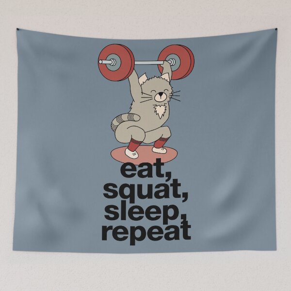 Item preview, Olympic lifting cat with barbell and weights and crossfit saying "eat, squat, sleep, repeat" designed and sold by TrueType.