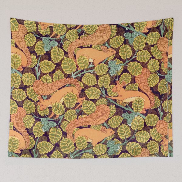 Item preview, Squirrels and Hazelnut Leaves ,Art Nouveau Green Yellow Brown Floral designed and sold by BulganLumini.