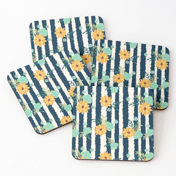 Item preview, Spring Floral Stripes of Yellow and Teal Flowers - White and Black Striped designed and sold by GypsyMagic.