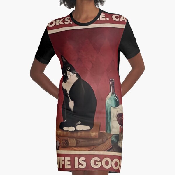 Bottle And Cat Book Wine Life Is Good Graphic T-Shirt Dress