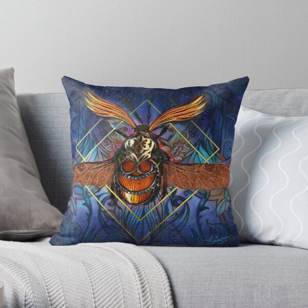 Golden bug on blue background Throw Pillow