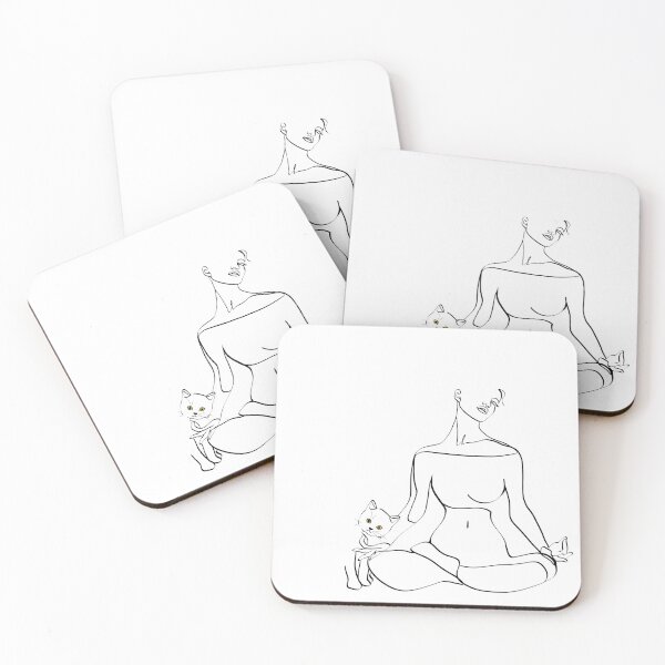 Item preview, Continuous line illustration of owner doing yoga as her cat is attention seeking  designed and sold by AriadnaArt.