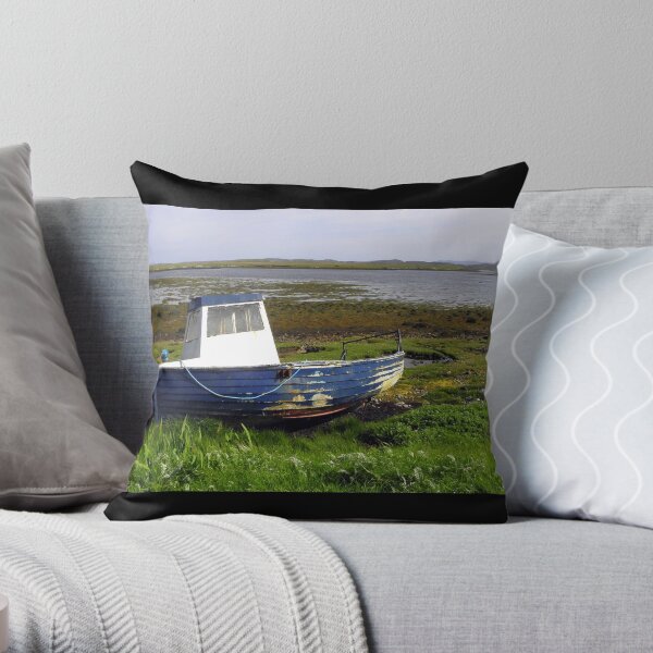 Beached blue boat at East Loch Roag Throw Pillow