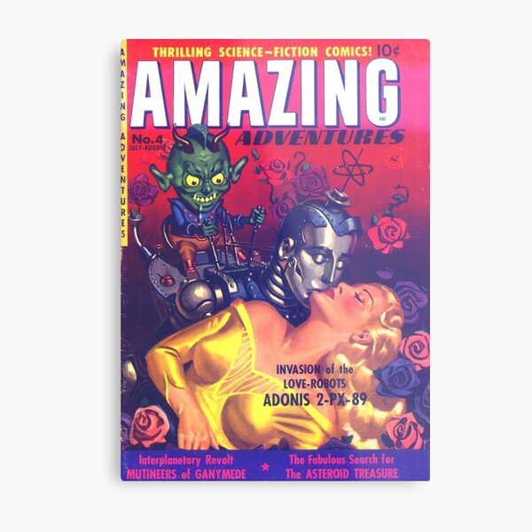 LOVE ROBOT INVASION | Vintage Retro Comic Book Covers 1951 Amazing Adventures Metal Print
