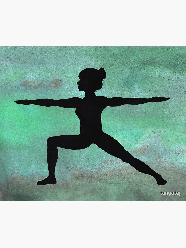 Yoga warrior pose black silhouette drawing on the green watercolor