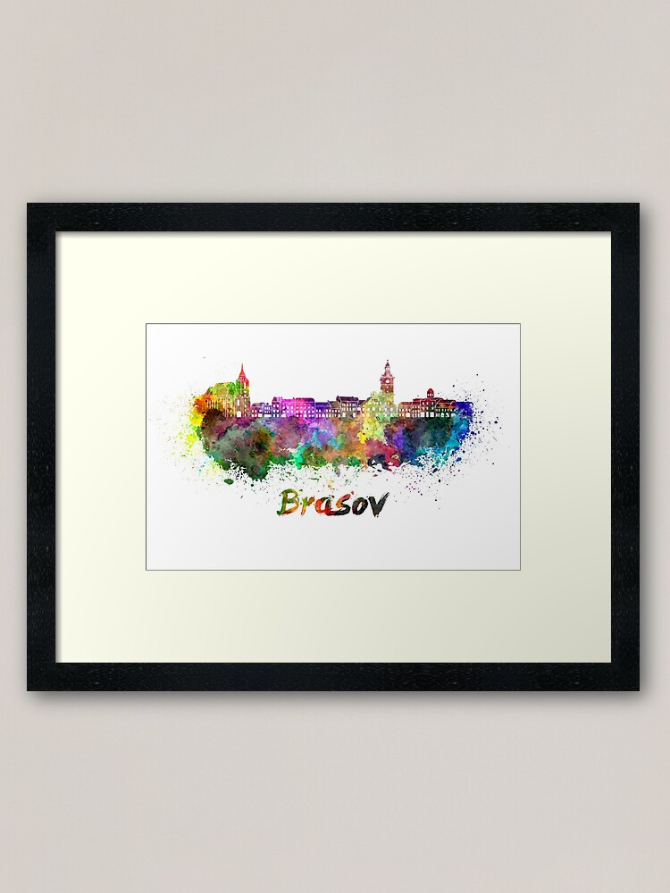 Alternate view of Brasov skyline in watercolor Framed Art Print