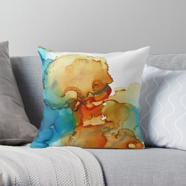 Alcohol Ink Blue Orange Green No. 1 Throw Pillow