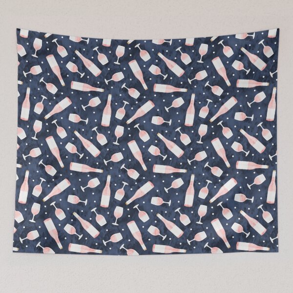 Item preview, Rosé - wine glasses and bottles - pink on navy designed and sold by littlearrow.