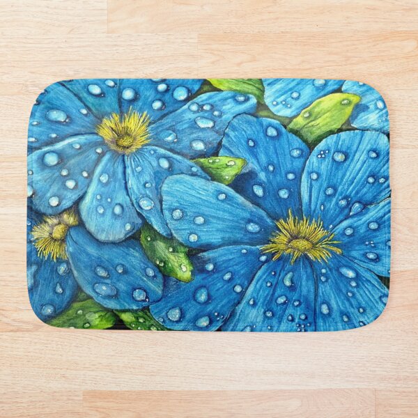 Blue Rain Drops on Flower Bath Mat