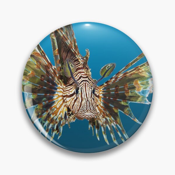 Feuerfisch | Schwebender Fisch auf blauem Hintergrund | Button