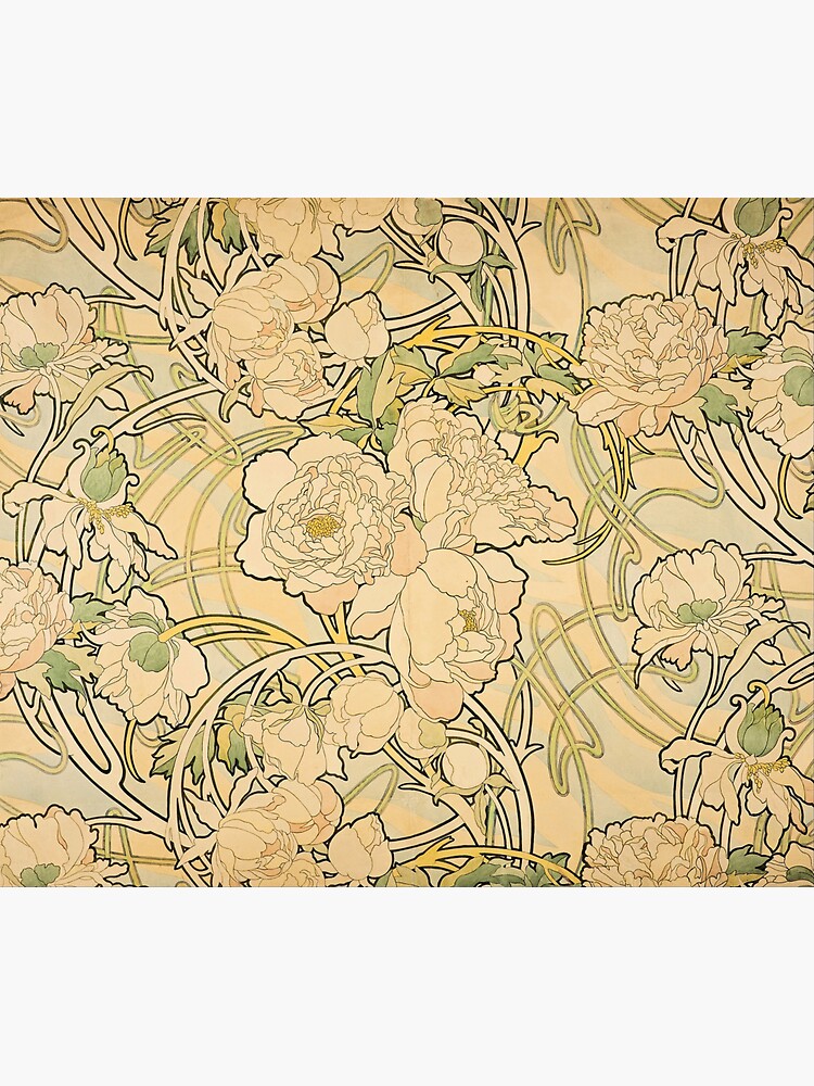 Thumbnail 3 of 3, Sticker, 'Peonies' by Alphonse Mucha (Reproduction) designed and sold by RozAbellera.