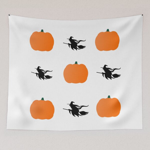 Item preview, The Halloween orange pumpkin and flying black witch on the white background designed and sold by IraNiva.