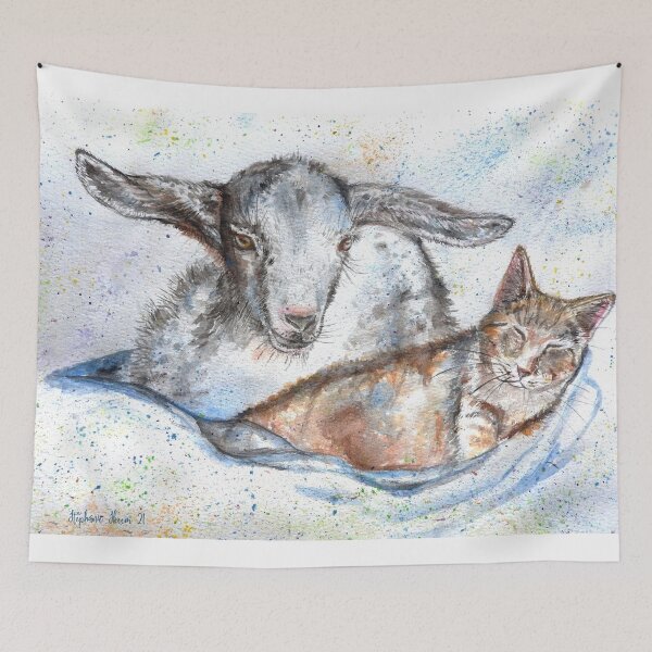 Item preview, watercolor baby goat and cat, best friends designed and sold by Stephanie  Skeem.