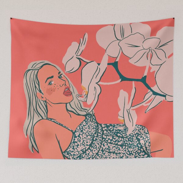 Item preview, Cute girl with orchid. Adorable, attractive woman wearing summer short dress. Pink background designed and sold by annetc-designs.