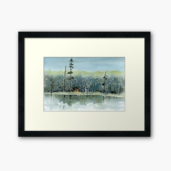 Cabin By The Lake In The Forest Framed Art Print