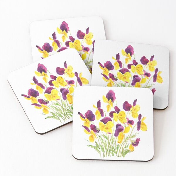 Item preview, hand painted yellow and reddish purple pansies watercolor  designed and sold by ColorandColor.