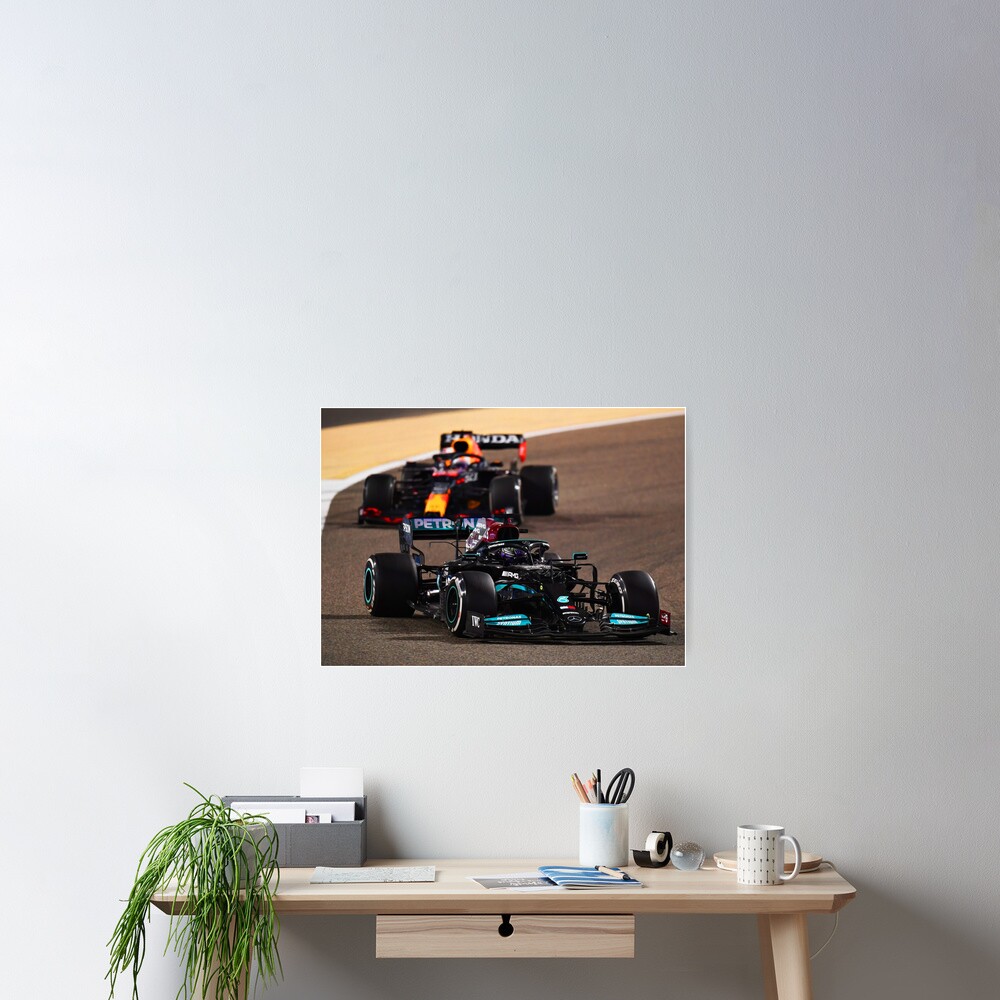 Lewis Hamilton getting hunted by Max Verstappen during the 2021 Bahrein Grand Prix Poster