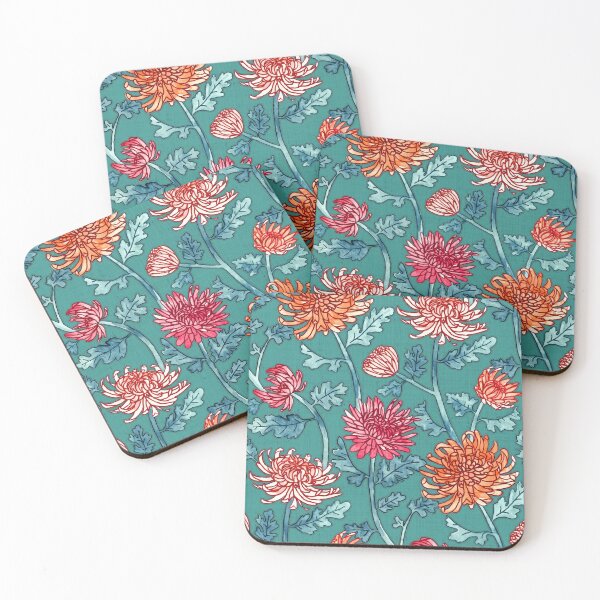 Item preview, Warm Chrysanthemum Watercolor & Pen Pattern - Teal Green designed and sold by TigaTiga.