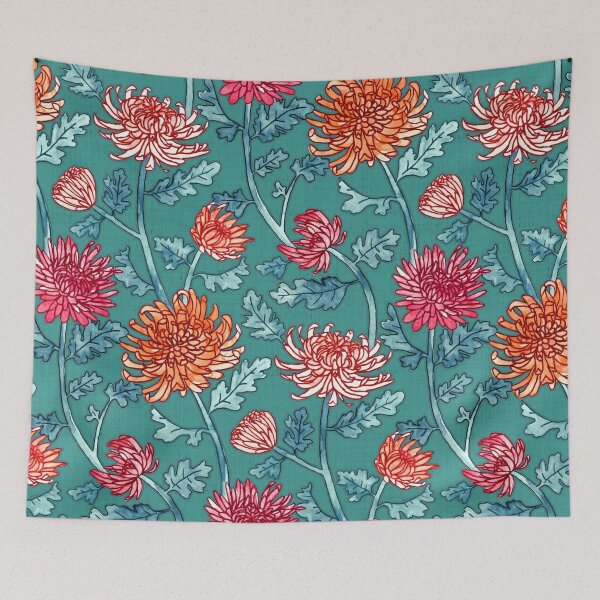 Item preview, Warm Chrysanthemum Watercolor & Pen Pattern - Teal Green designed and sold by TigaTiga.