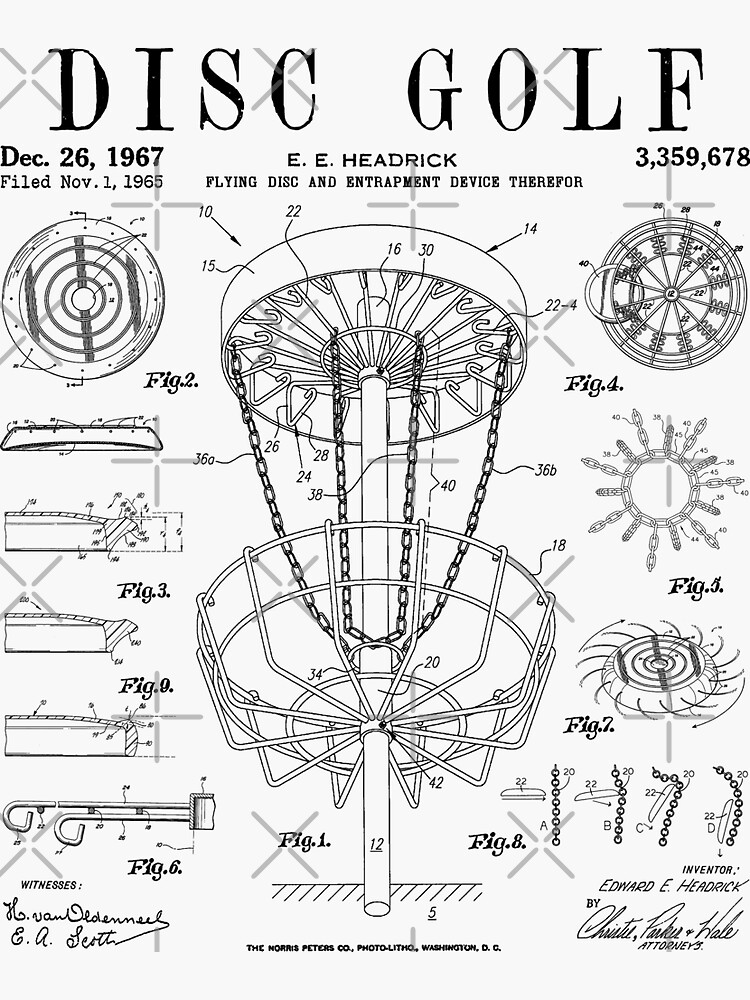 "Disc Golf Frolf Frisbee Basket Vintage Patent Drawing Print" Sticker