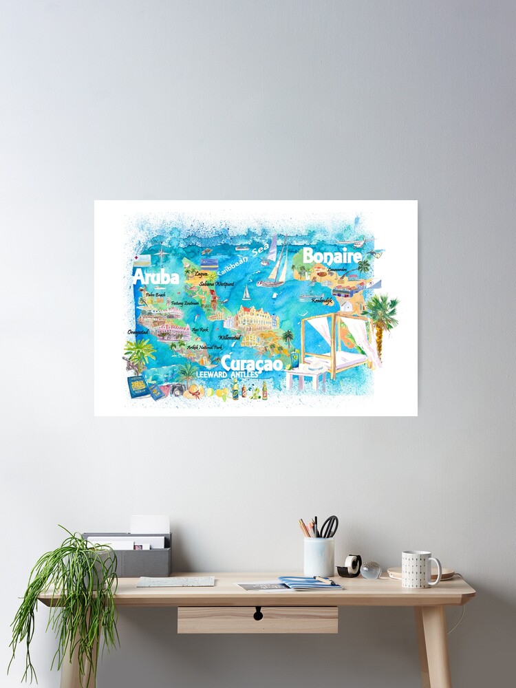 Aruba Bonaire Curacao Illustrated Travel Map with Roads Kids Zip