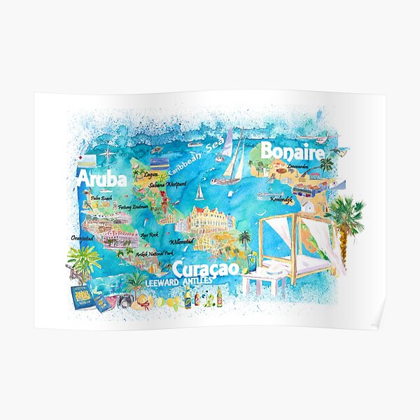 "Aruba Bonaire Curacao Illustrated Islands Travel Map With Roads And ...