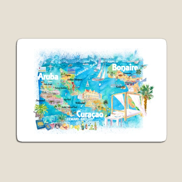Aperçu de l'œuvre Carte illustrée des îles d'Aruba, Bonaire et Curaçao avec routes et points forts créée et vendue par artshop77.