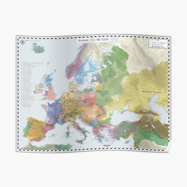 Europe (Detailed) AD 1250 Poster