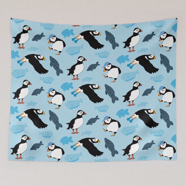Item preview, Puffins - Cute Blue and Black Cartoon Birds Pattern designed and sold by TheRainbowRoom.