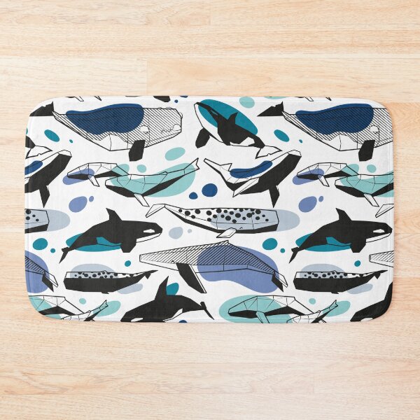 Item preview, Whales joyful song // white background pastel denin and classic blue teal aqua and white and black geometric sea animals designed and sold by SelmaCardoso.