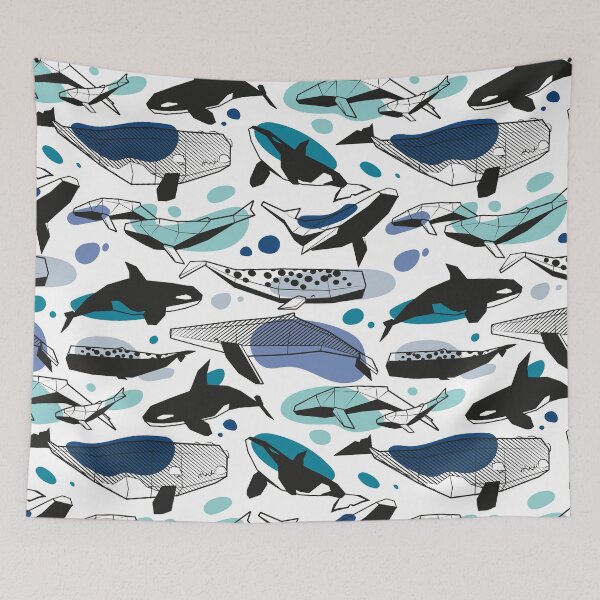 Item preview, Whales joyful song // white background pastel denin and classic blue teal aqua and white and black geometric sea animals designed and sold by SelmaCardoso.