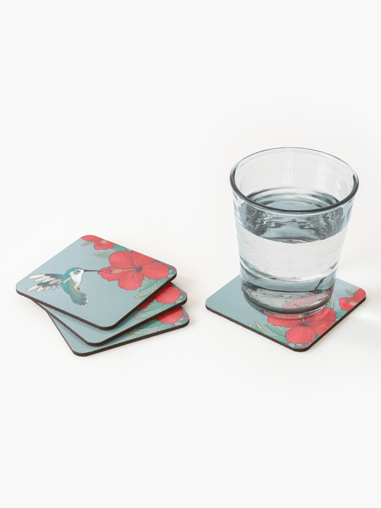Alternate view of "You are worth looking after today" Hibiscus Hummingbird Coasters (Set of 4)
