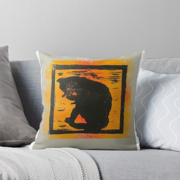 Item preview, Black cat licking print on sunset monoprint background designed and sold by CarmenH.