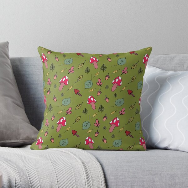 Forest Woodland Leaves and Toadstools Throw Pillow