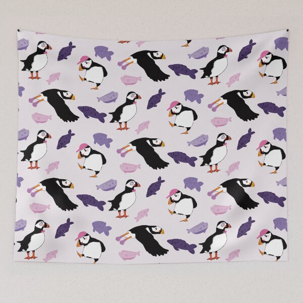 Item preview, Puffins - Cute Purple and Black Cartoon Birds Pattern designed and sold by TheRainbowRoom.