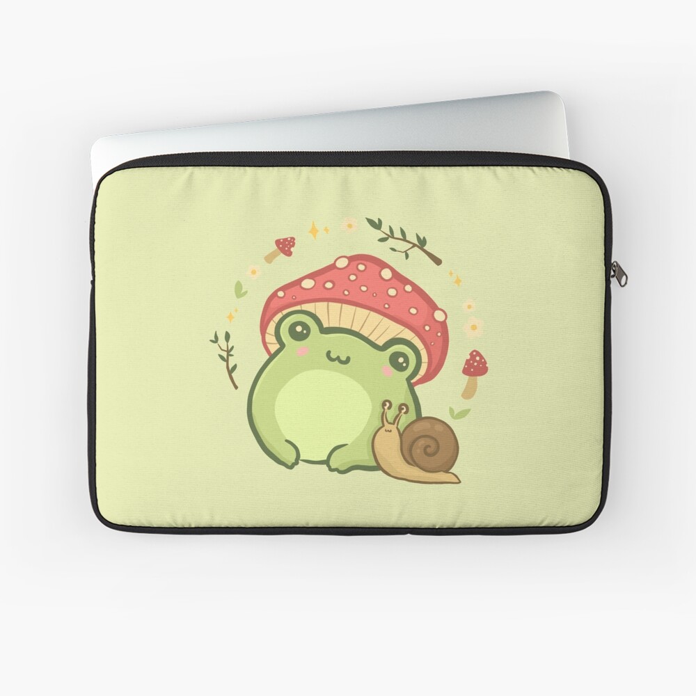 Super Cute Kawaii Frog with Toadstool Mushroom Hat Snail - Cottagecore Aesthetic Forggy Mushrooms - Amanita Muscaria Lover - Edgy Kidcore Chubby Frogge Art Laptop Sleeve