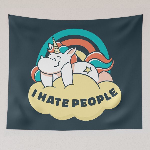 Item preview, I Hate People T-Shirt, unicorn laying on top of a yellow cloud with the quote "I hate people" designed and sold by UniqueStylistic.