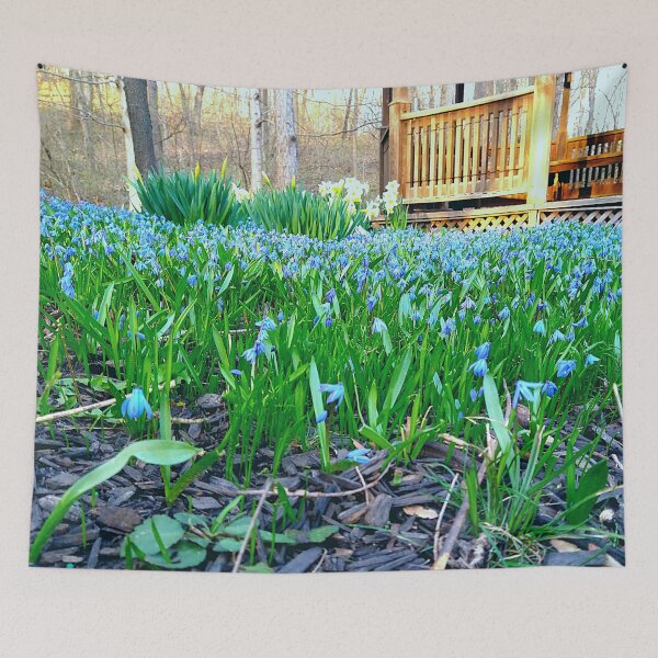 Item preview, Siberian Squill and Daffodil Flowers in Mulch with a  Gazebo designed and sold by Mothe3rd.