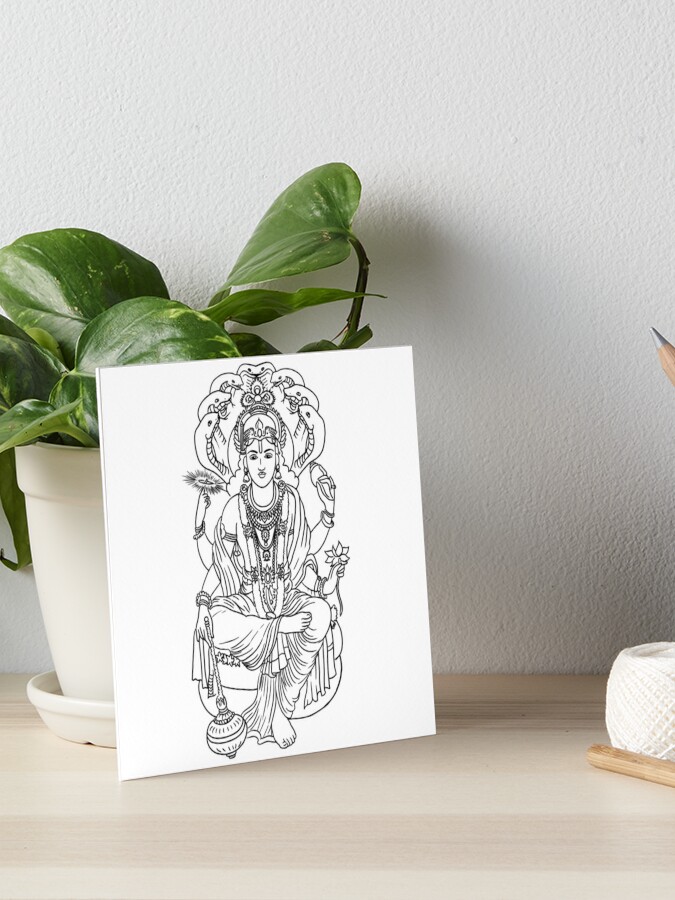 Hindu God Vishnu Line Drawing Vector Illustration, Asian Spiritual Symbol,  Oriental Wisdom, Yoga, Om, Aum