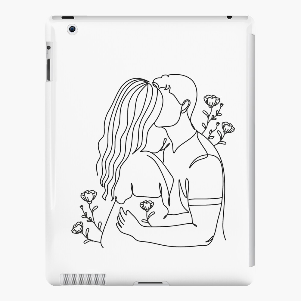 Abstract couple kissing with flowers line drawing. Portrait minimalistic  style. Botanical print. 