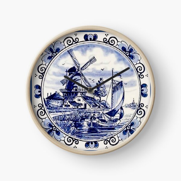 Vintage Windmill Poster In Dutch Blue Delft Clock