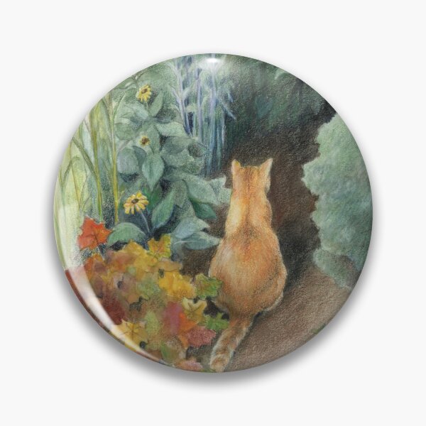 Artikelvorschau, Orange Tabby Katze sitzt in einem grünen Sommergarten - "Neugier" entworfen und verkauft von Carye VanDerPol Mahoney.