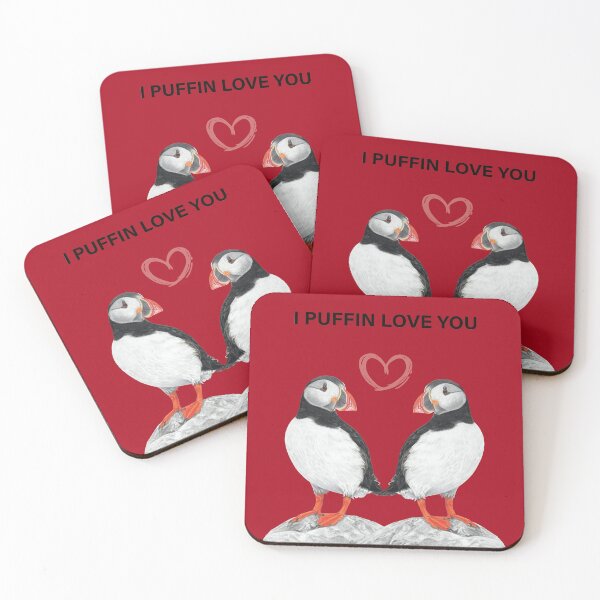 Item preview, I Puffin love you on red background- Puffin couple design - Puffin couple - Puffin art - couple art - bedroom art - Puffin love  designed and sold by IslesArt.