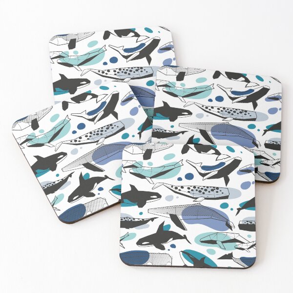 Item preview, Whales joyful song // white background pastel denin and classic blue teal aqua and white and black geometric sea animals designed and sold by SelmaCardoso.