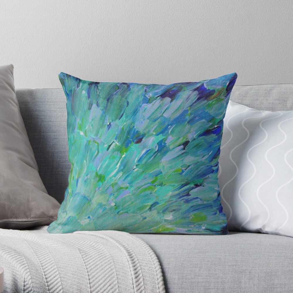 SEA SCALES - Beautiful BC Ocean Theme Peacock Feathers Mermaid Fins Waves Blue Teal Abstract Throw Pillow